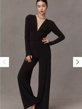Norma Kamali Black Deep V-Wrap Wide-Leg Jumpsuit